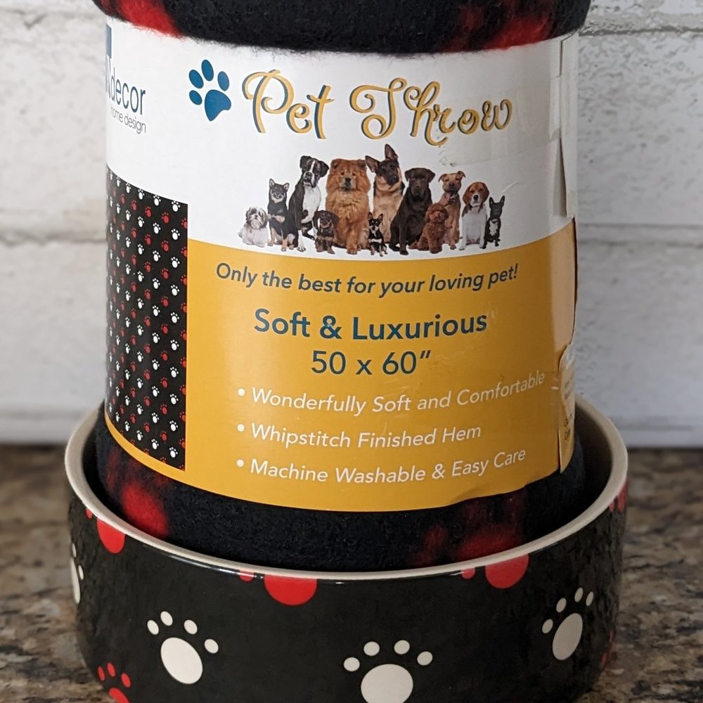 Paw Print Themed Dog, Cat Blanket & Ceramic Food,Water Bowl Set